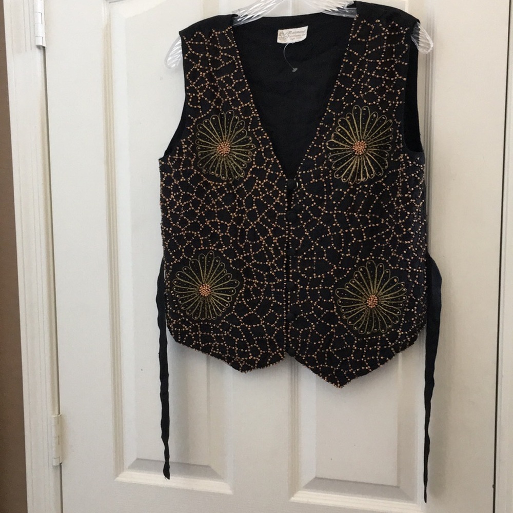 Embroidered Beaded Black Vest with Gold Floral Accents